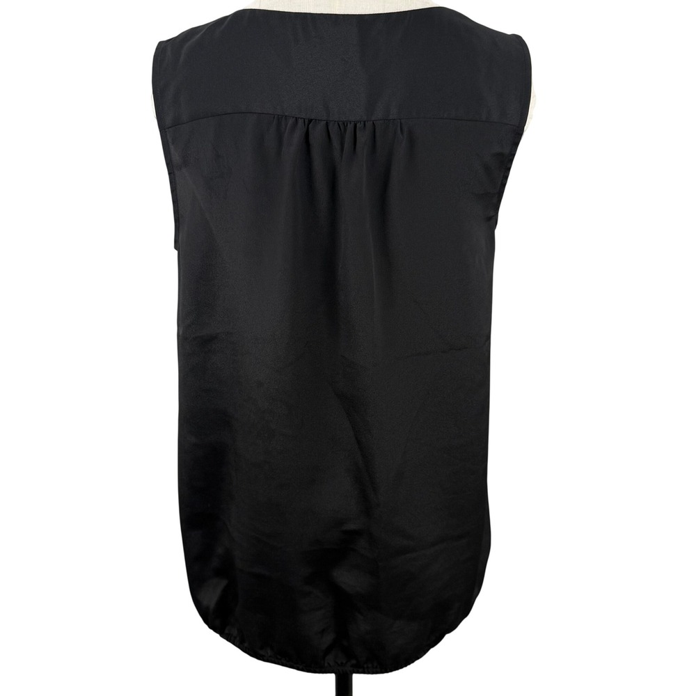 Ann Taylor LOFT Womens Medium Blouse Black Ruffle Tie Neck Sleeveless Bubble Hem - Picture 3 of 9